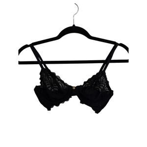 Natori Bralette Womens 34B Black Art Deco Lace Underwire Plunge Gold Hardware